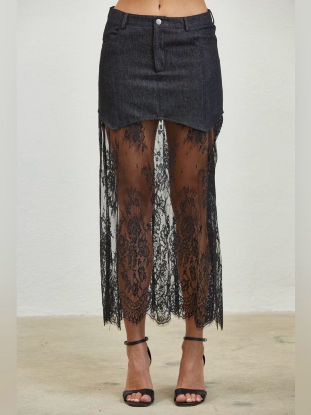 #513-Black Lace Contrast Denim Maxi Skirt by the brand: Edit By Nine.